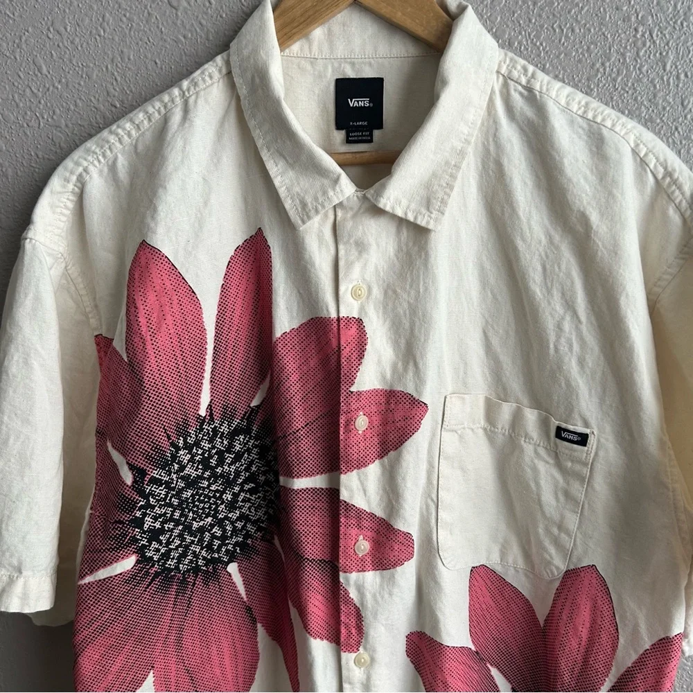 Vans Laurel Woven Cream Pink Floral Short Sleeve Cotton Linen Button Down Shirt - Picture 5 of 10